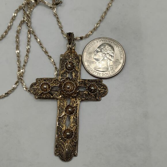 Filigree Antique Gold on Sterling Silver Cross on 22-Inch Chain - Picture 5 of 5